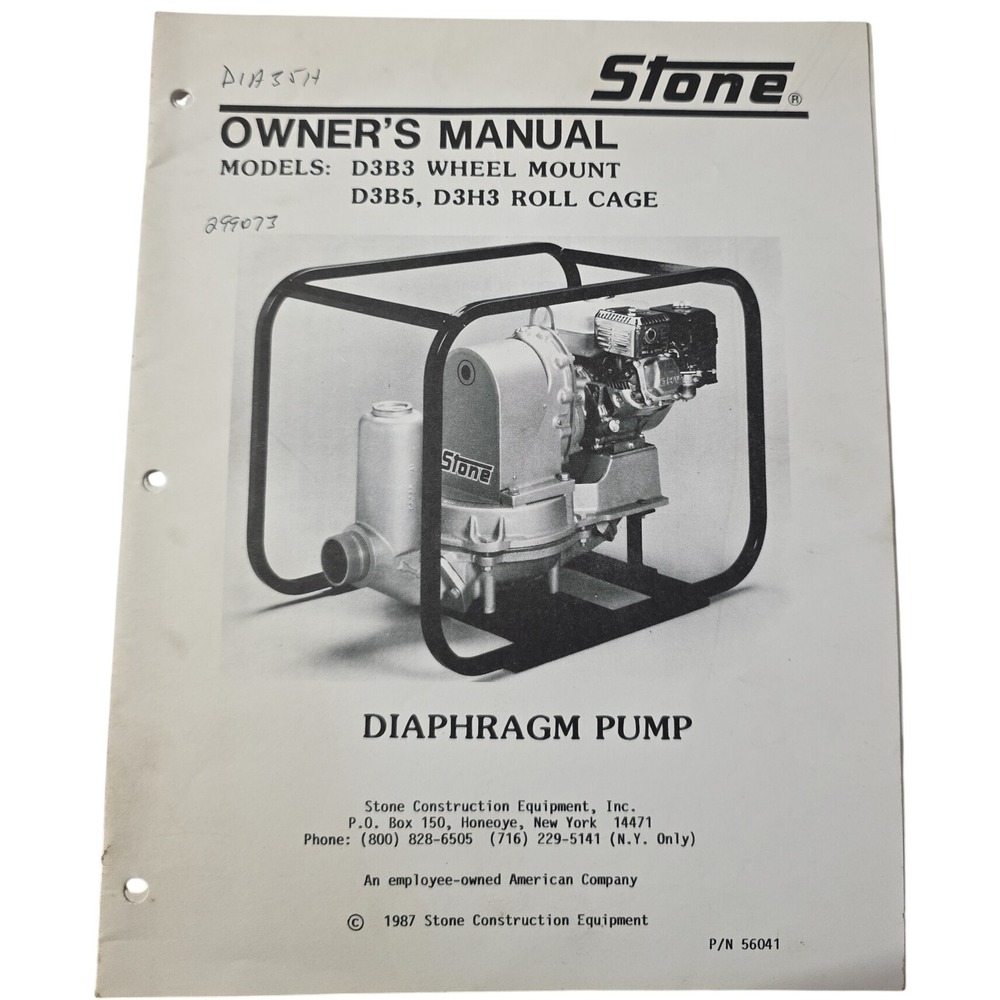 Stone D3B3 D3H3 Wheel Mount Diaphragm Pump Owner's Manual 1987 P/N 56041